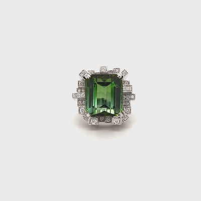 Bi Color Green Tourmaline and Diamond Tower Ring