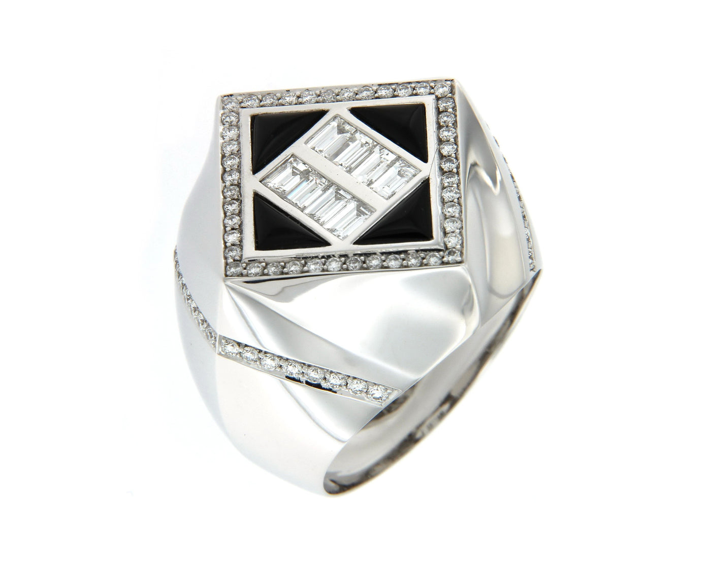 White Gold Ring with Black  Onyx Baquette Diamonds