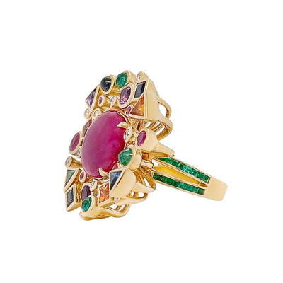 8 Carat Burmese Ruby Cabochon and Multicolored Gems Ring in 18 Karat Gold