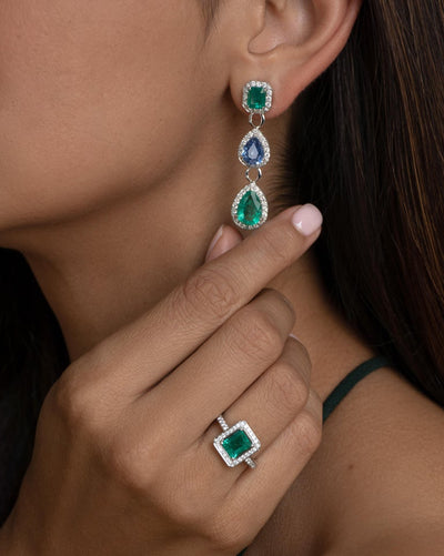 Emerald, Blue Sapphire and Diamond Earrings