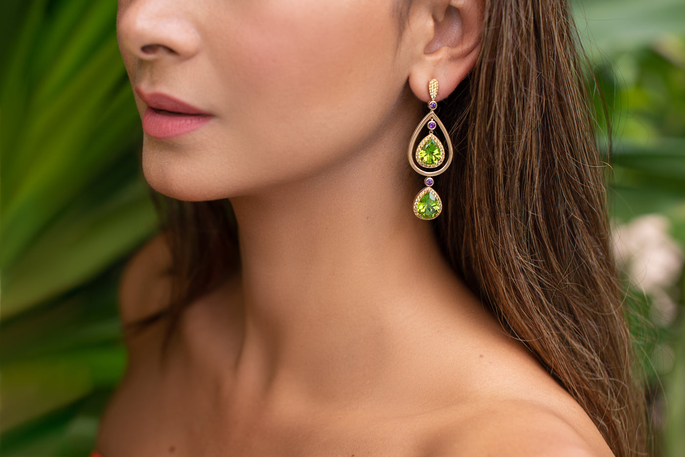 Peridot and Yellow Sapphire Earrings with Amethyst in 18k Yellow Gold