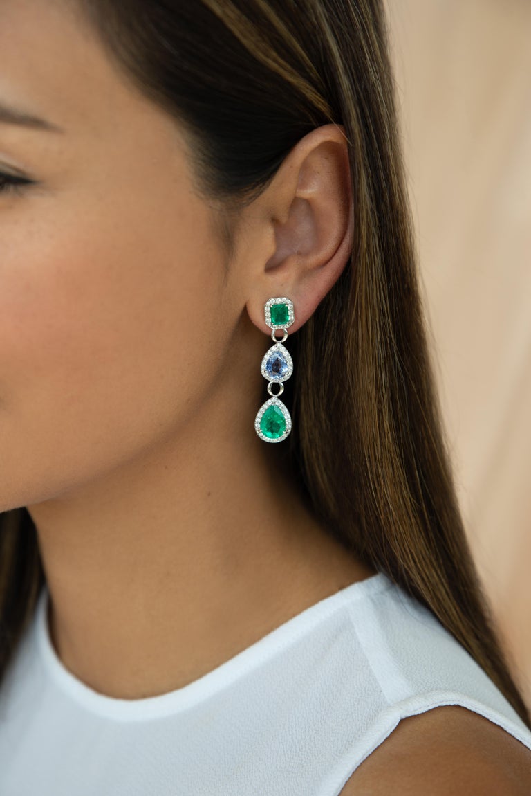 Emerald, Blue Sapphire and Diamond Earrings