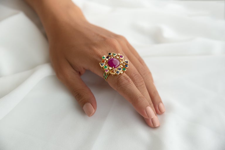 8 Carat Burmese Ruby Cabochon and Multicolored Gems Ring in 18 Karat Gold
