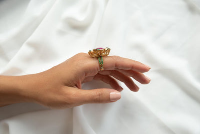 8 Carat Burmese Ruby Cabochon and Multicolored Gems Ring in 18 Karat Gold