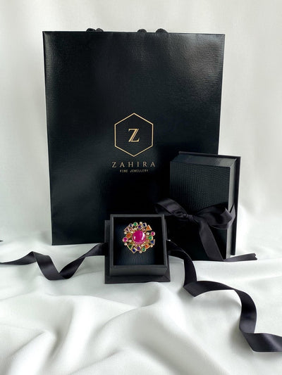 8 Carat Burmese Ruby Cabochon and Multicolored Gems Ring in 18 Karat Gold