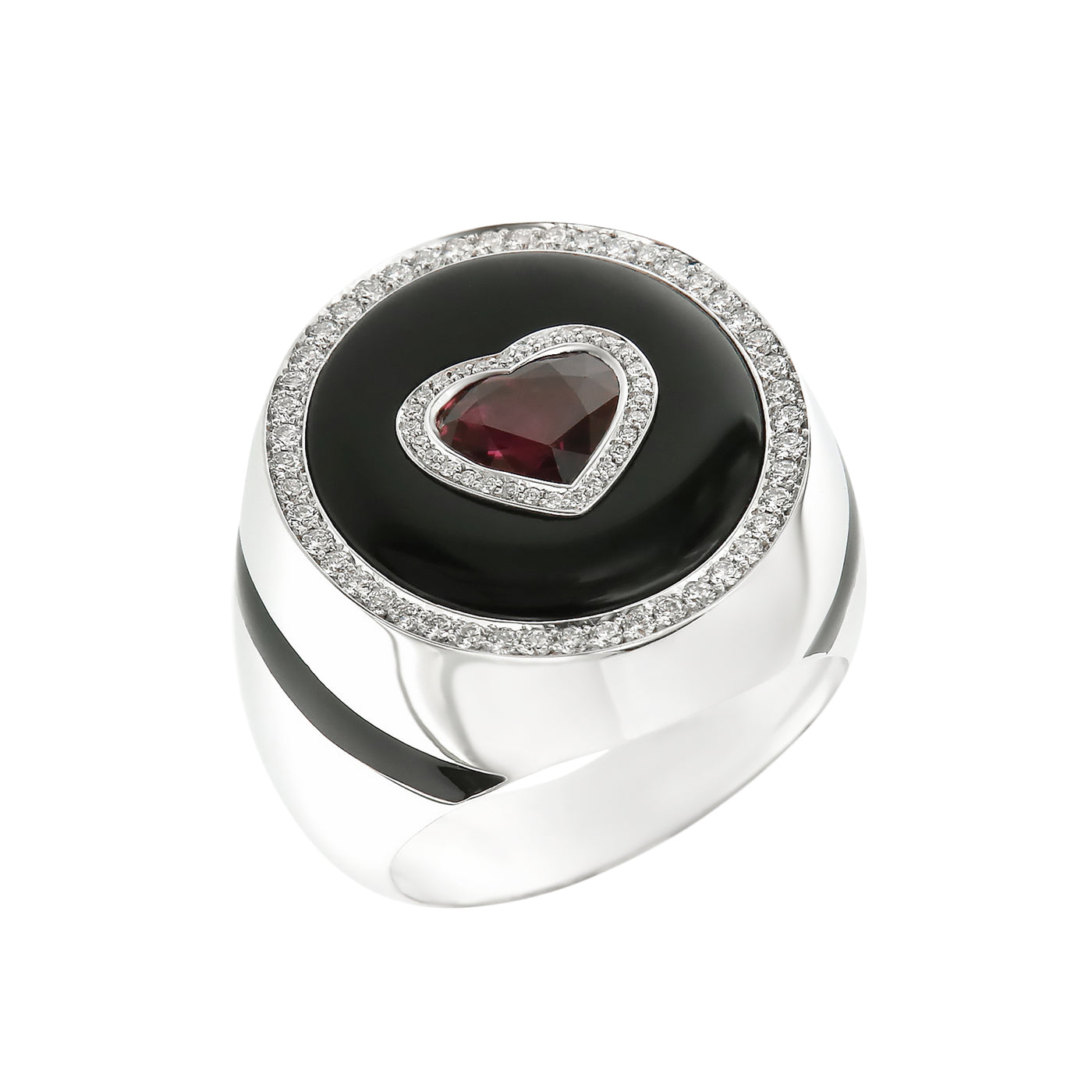 Ruby Heart Ring with White  Diamonds and Black Enamel