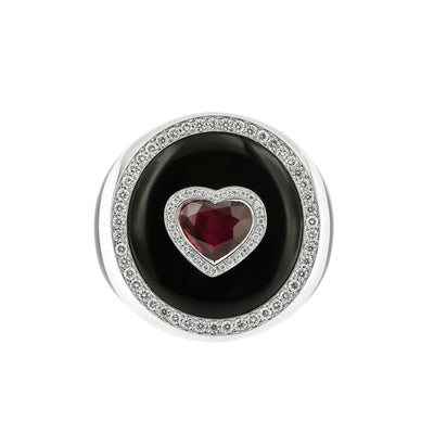 Ruby Heart Ring with White  Diamonds and Black Enamel