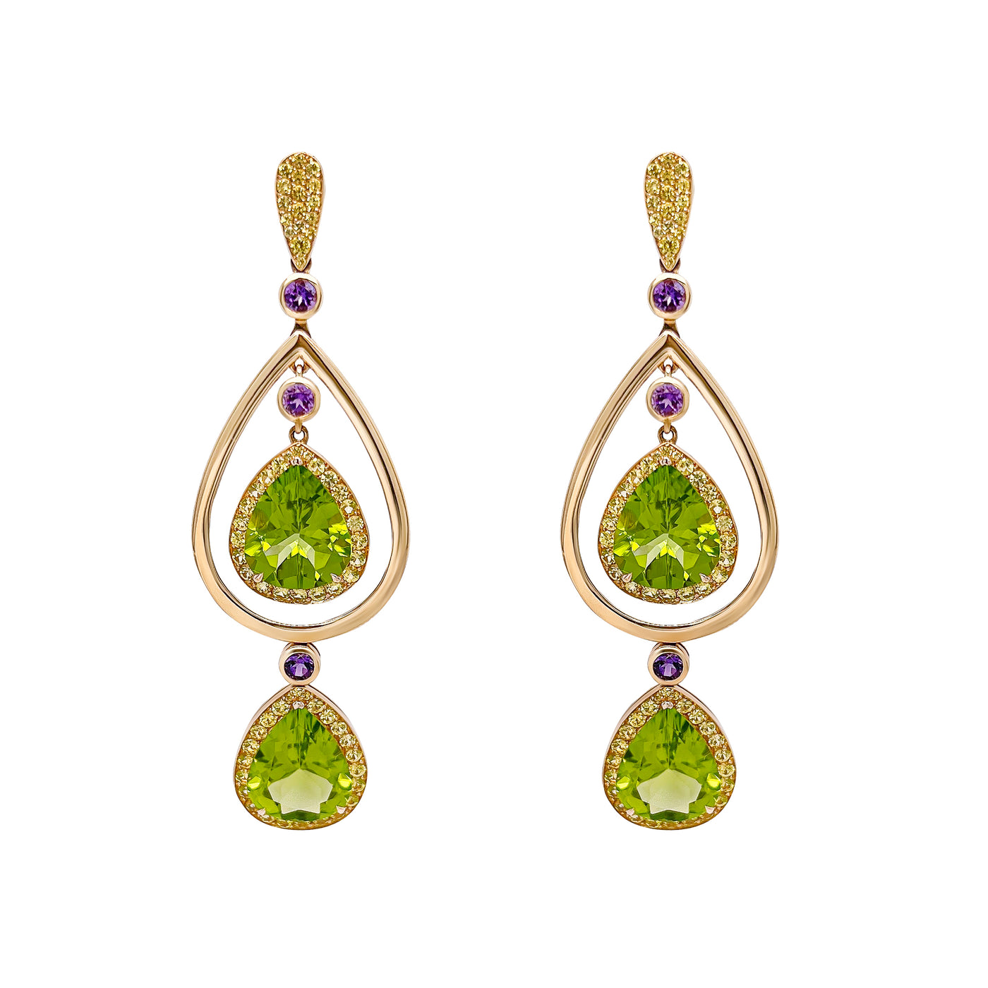 Peridot and Yellow Sapphire Earrings with Amethyst in 18k Yellow Gold