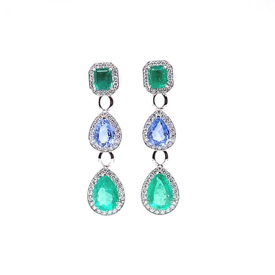 Emerald, Blue Sapphire and Diamond Earrings