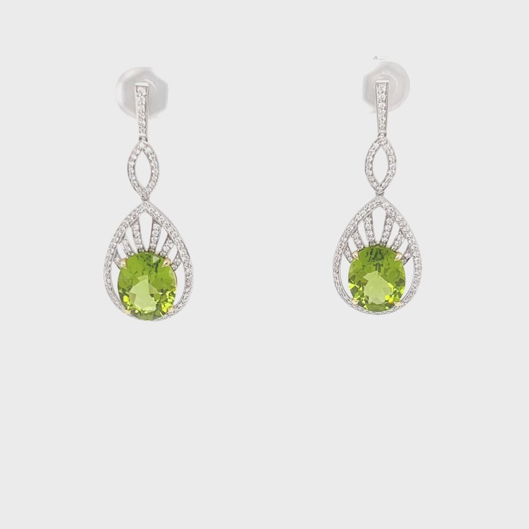 8.19ct Peridot and Diamond Dangle Earrings in 18K White Gold