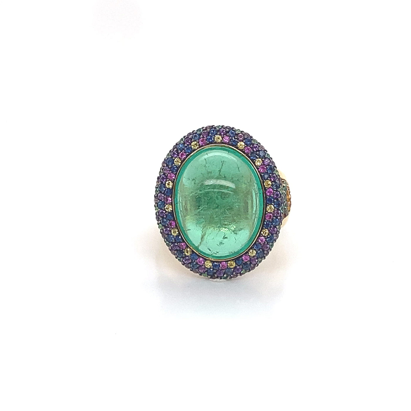 Emerald Cabochon and Coloured  Sapphire Ring