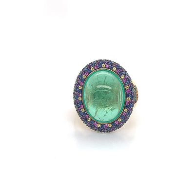 Emerald Cabochon and Coloured  Sapphire Ring