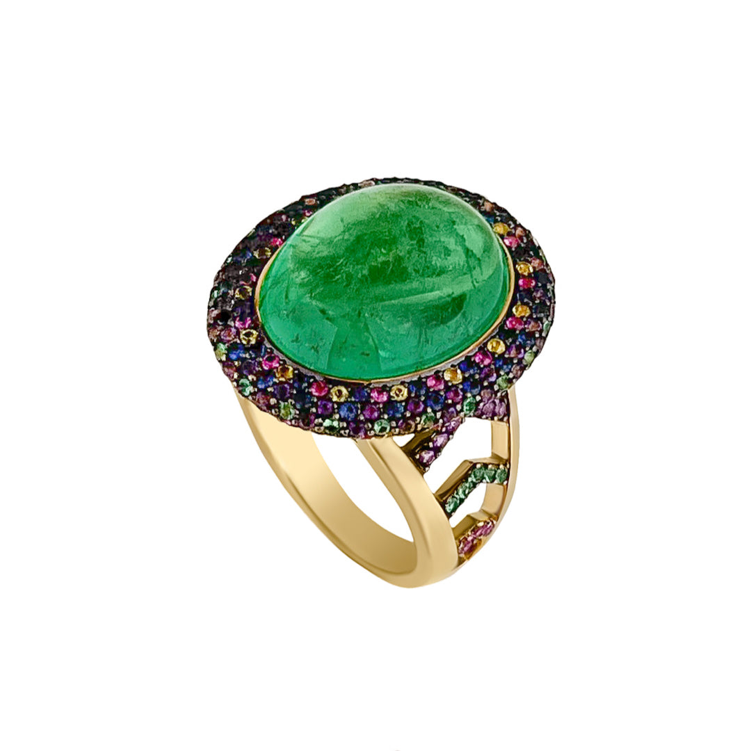 Emerald Cabochon and Coloured  Sapphire Ring