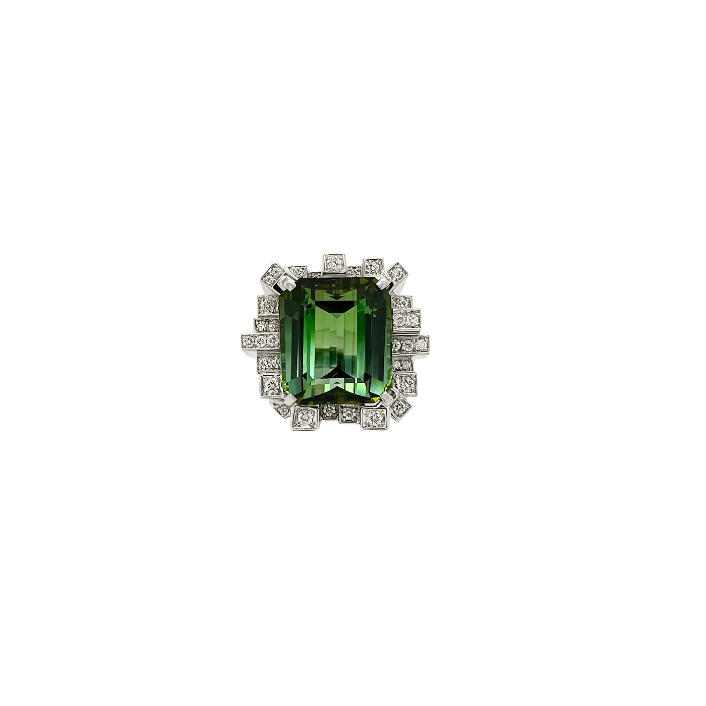 Bi Color Green Tourmaline and Diamond Tower Ring