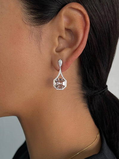 6.93 Carat Ascher Cut Champagne Morganite and Diamond Dangle Earrings