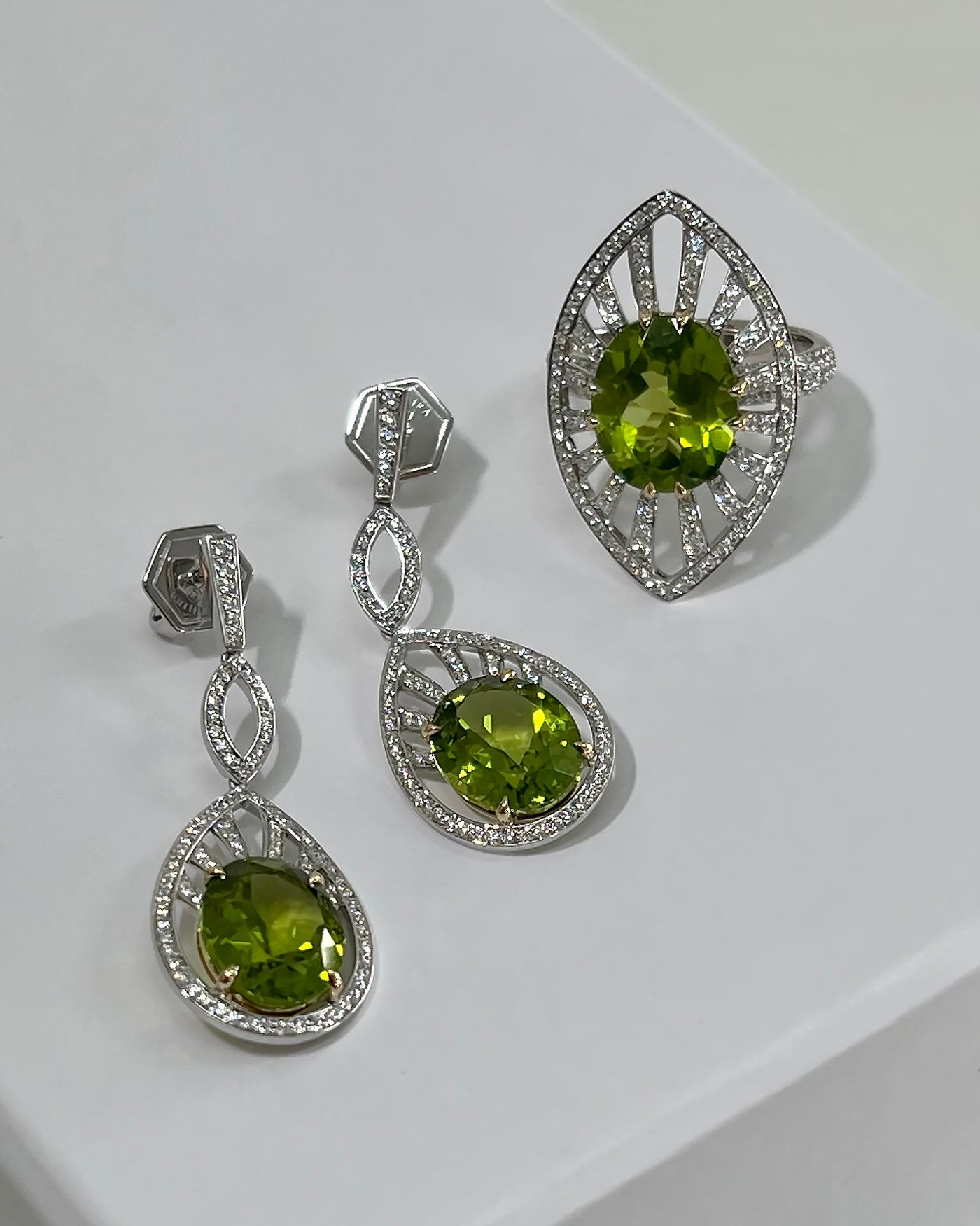 8.19ct Peridot and Diamond Dangle Earrings in 18K White Gold