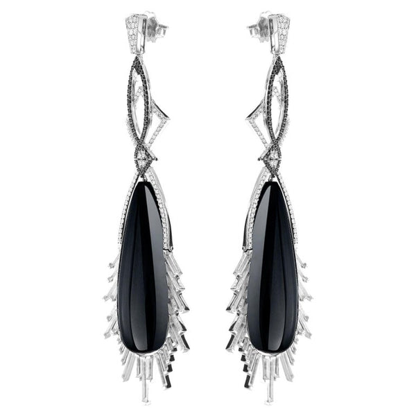 Black Onyx, Rock Crystal Diamond Earrings